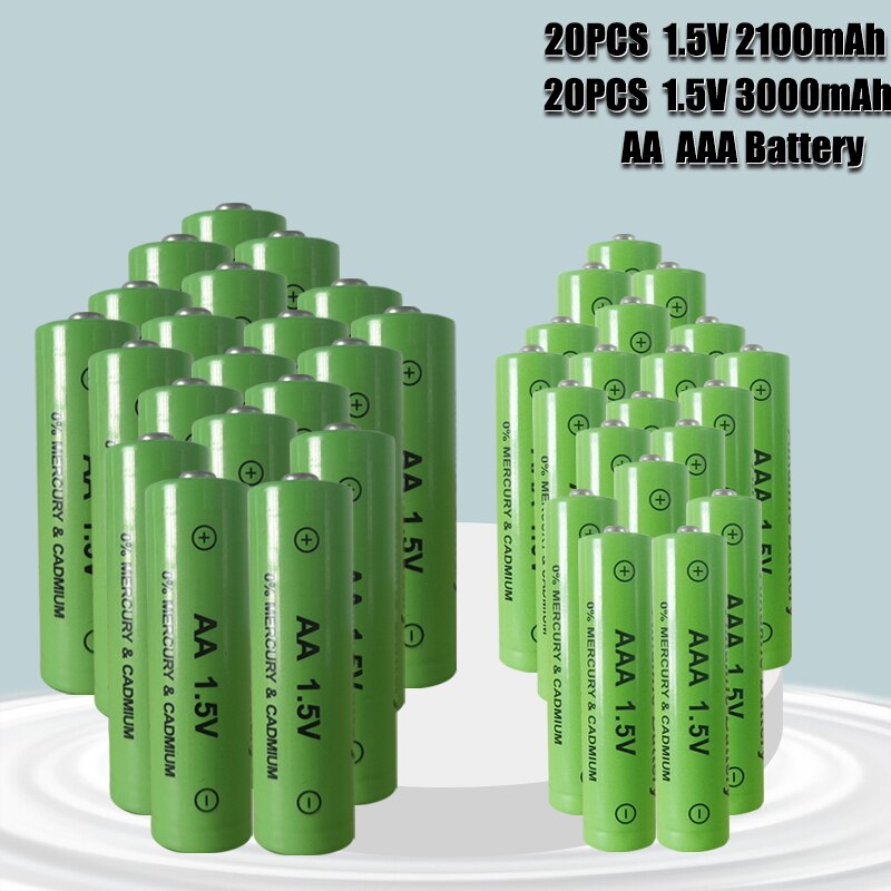 1.5V AA + AAA NI MH Rechargeable AA Battery AAA Alkaline 2100-3000mah For Torch Toys Clock MP3 Player Replace Ni-Mh Battery: 20AA-20AAA