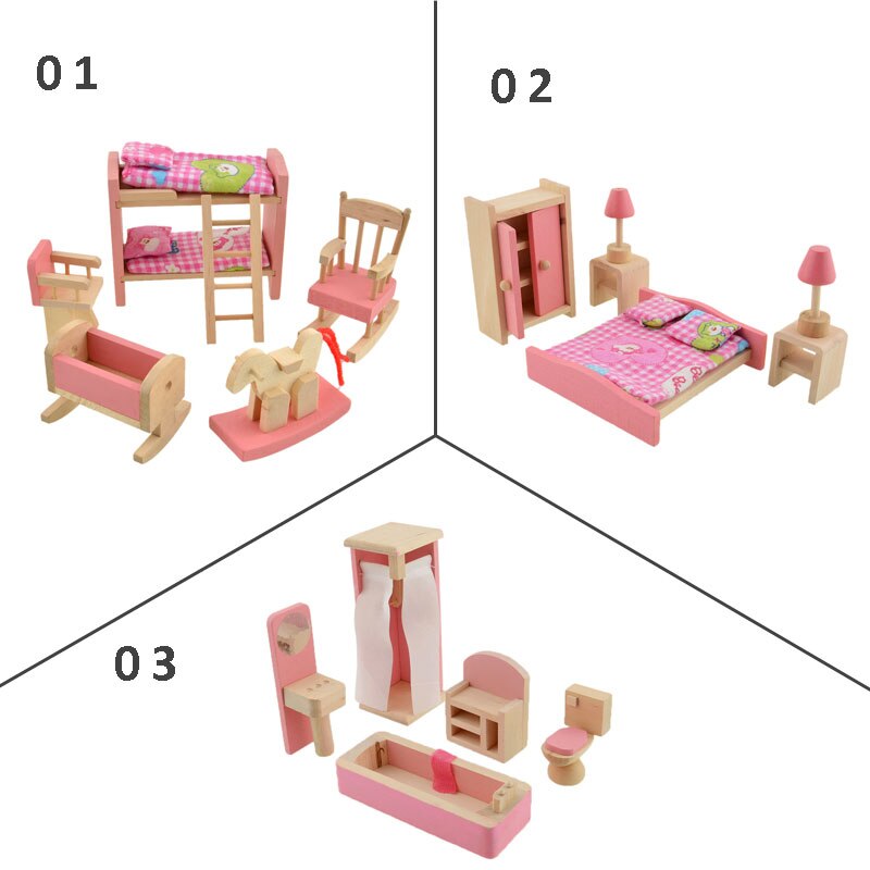 Pink Bathroom Furniture Bunk Bed House Furniture for Dolls Wood Miniature Furniture Wooden Toys for Children Birthday Xmas