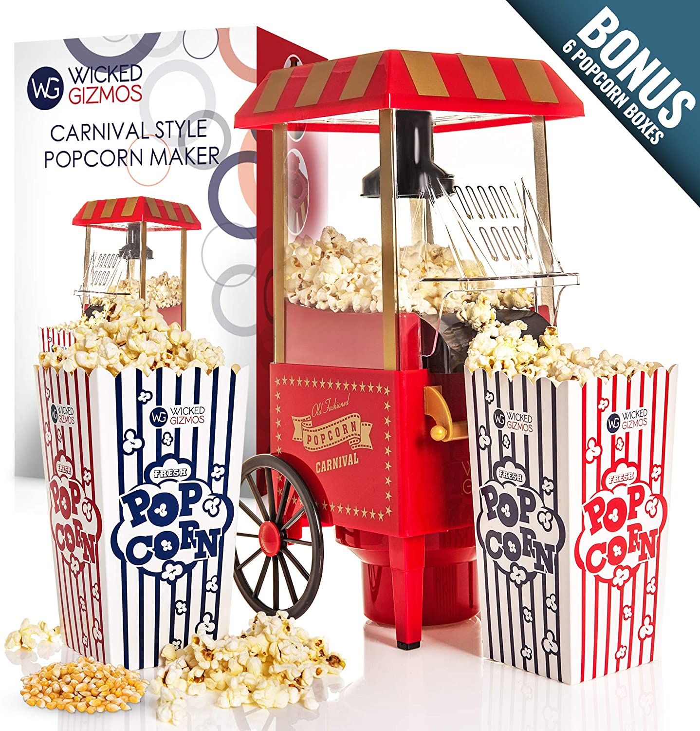 Red Electric 1200W Carnival Fairground Healthy Popcorn Maker - With 6 Serving Boxes and Measuring Scoop