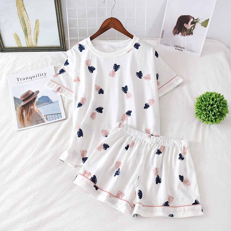 QWEEK Women's Pajamas Cotton Sleepwear Suit Home Clothes Heart Print Pijama Mujer Summer Pyjamas Femme Nightgown: baixin / XL