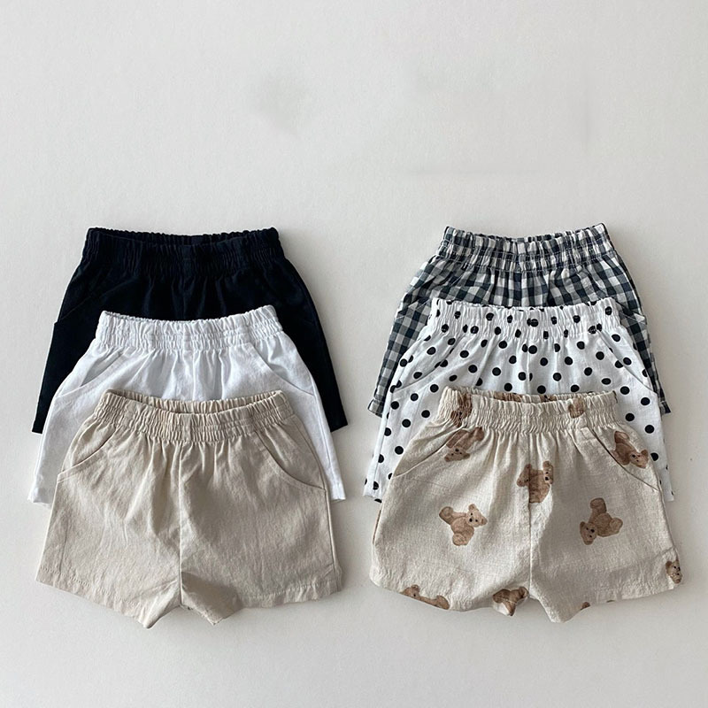 Novo shorts de desenho animado de verão, calções infantis, xadrez, casuais, soltos, estampas fofas de urso, bebês, meninos, algodão