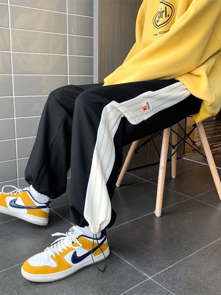 Hip Hop Baggy Broek Hong Kong Stijl Sport Casual Broek Unisex Preppy Stiksels Straight Leg Harembroek High Street Joggers