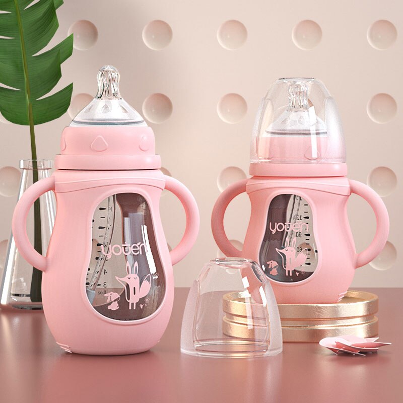 Cute Glass Baby Bottle Silicone Straw Water Drink Bottles For Baby Milk Feeder Set Baby Feeding Bottle Newborn Baby Bottle