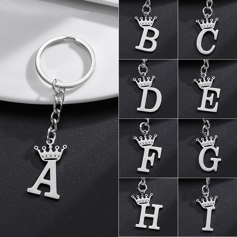 Llaveros con colgante de letras de A-Z de acero inoxidable con corona DIY única para hombres y mujeres, llavero de 26 alfabeto para coche, llaveros de joyería con nombre,