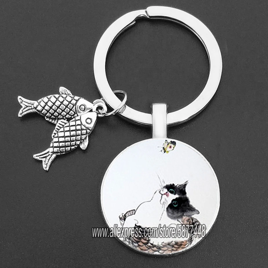 Ondeugende kat en vis glazen hanger sleutelhanger schattige kat die wil vis eten sleutelhangers voor vrouwen en schattig meisje