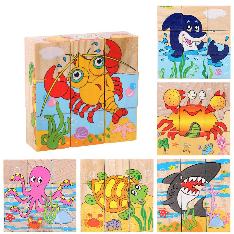 Baby Houten Blok Speelgoed Kinderen Zes Side 3D Cube Jigsaw Games Animal Fruit Verkeer Cognize Vroeg Leren Educatief Speelgoed: Ocean