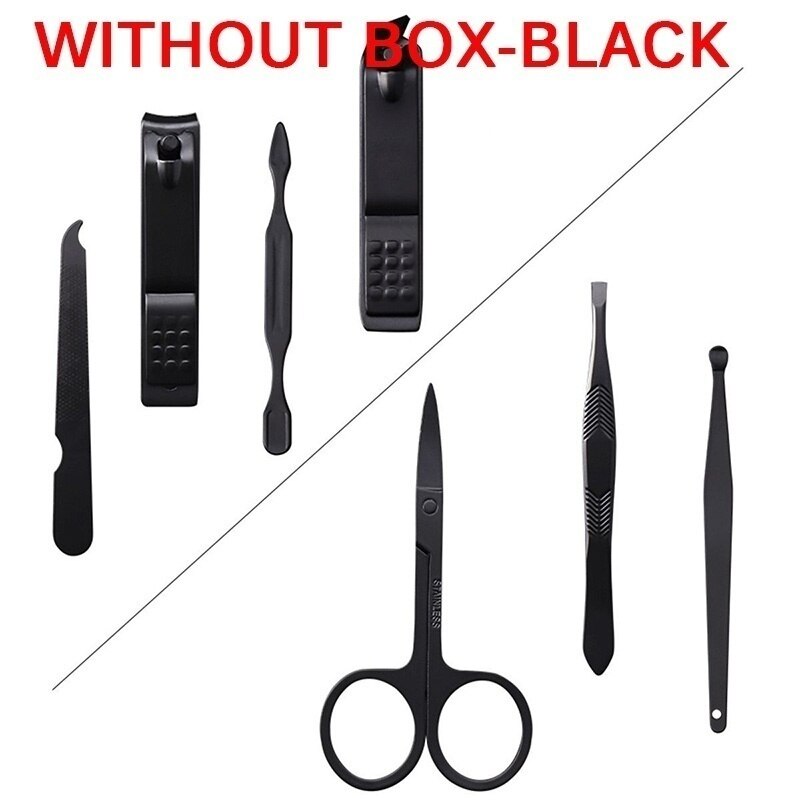 Black/Silver Stainless Steel Nail Clipper Cutter Trimmer Ear Pick Grooming Kit Manicure Pedicure Scissor Tweezer Nail Tools Set