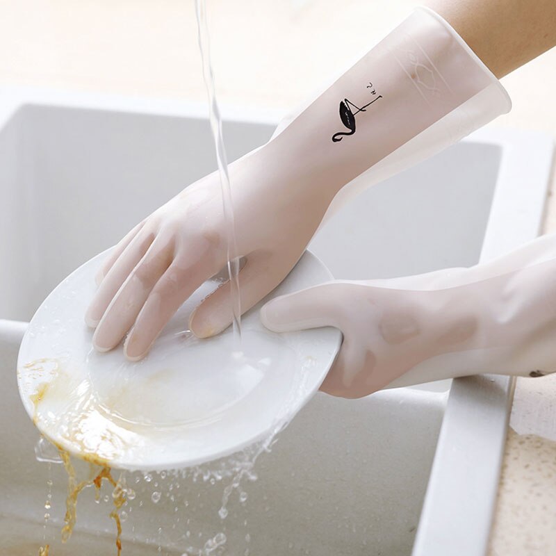 Husholdningshandsker pvc opvask tøj rengøring køkken skridsikker holdbar gummi gennemsigtig langærmet handsker 1 par