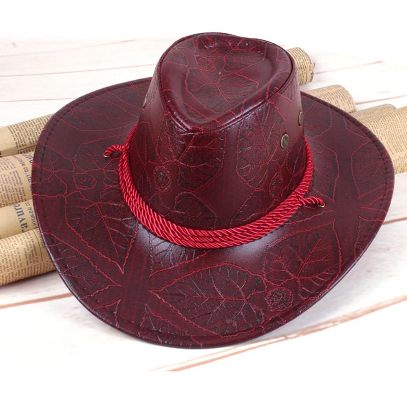 Klassieke western cowboyhoed voor heren en dames, pu-leren brede rand, outdoor zonnehoed met verstelbare vetersluiting, ademende gaten