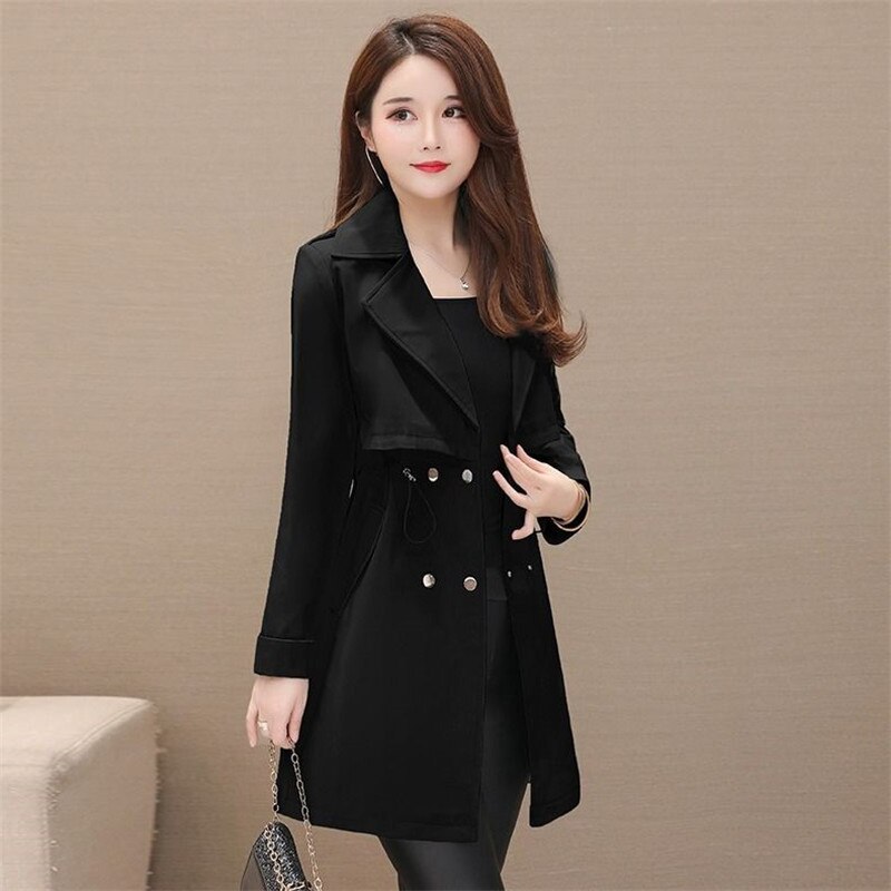 Mid-length Women's Trench Coat Suit Collar Korean Long Sleeve Drawstring Windbreaker Female Outwear Pink H131: Black / XL