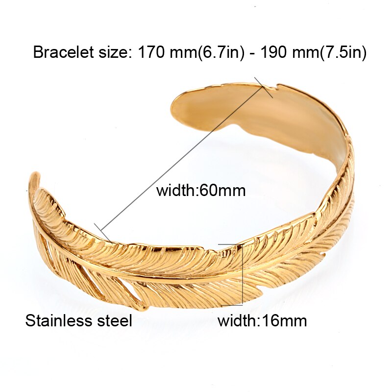 Mcllroy Charm Gold Feather Bangle Men Women 316L Stainless Steel Opening Cuff Bracelets Bangles Adjusted Couple Jewelry