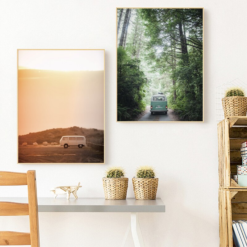 Nature Landscape Photography Posters and Prints Van Bus Travel Pictures , Forest Twilight Painting Living Room Wall Decor