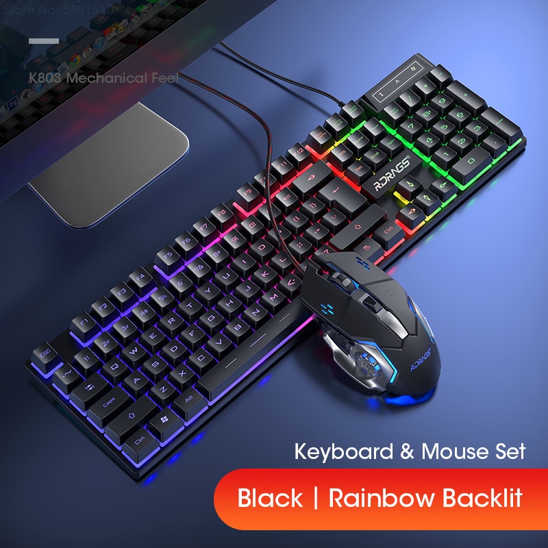 Wired Gaming Keyboard Mouse Gamer Kit PC Gamer Mechanical Feel Keyboards Rainbow Backlight Computer Backlit 104 Keys Keycaps Set: Rainbow Combo Black