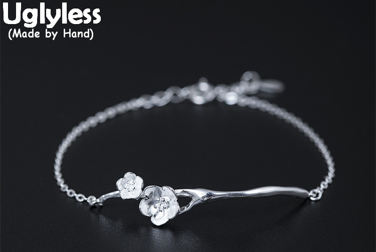 Uglyless Echt S 925 Sterling Silber Frauen Handgemachte Armbänder Vintage Ethnische Plum Blossom Armband Eingraviert Zweig Feiner Schmuck