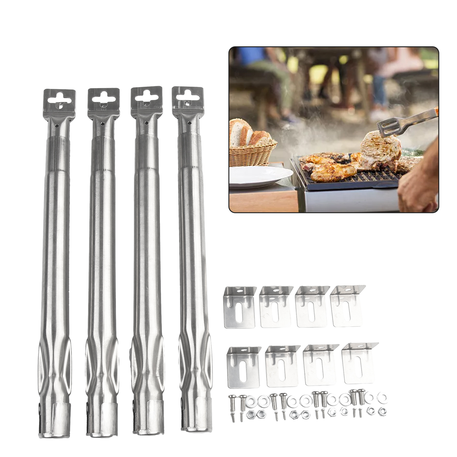 4 stk. bbq universal rustfrit stål brændersæt til gasgrill 35-42cm huller 11mm egnet til gasgrill grill reservedele