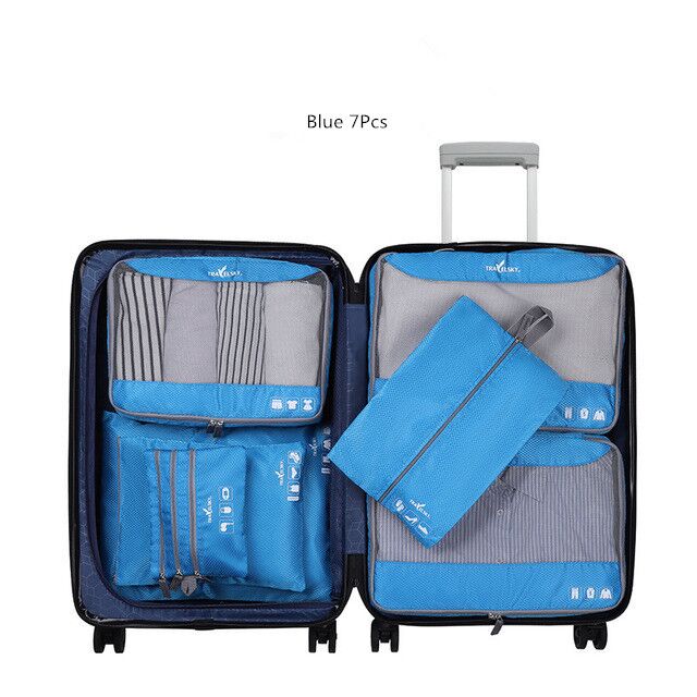 Portable Travel Bags Pouchs Set Storage Bag Suitcase Clothes Cosmetic Organizer Luggage Packing Laundry Accessories Supplies: Blue 7 Pcs