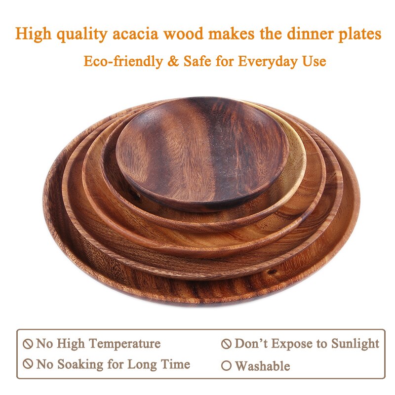 Round Solid Wood Plate Whole Acacia Wood Fruit Dishes Wooden Saucer Tea Tray Dessert Dinner Breakfast Plate Tableware Set