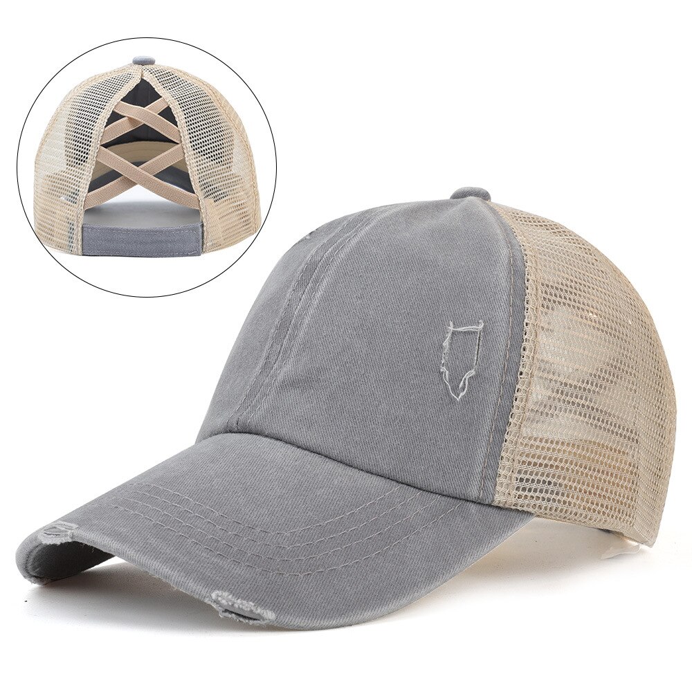 Women's Wash Cap Casquette Light Board Retro Ponytail Baseball Cap Cotton-Padded Cap Ripped Hole Cross Cap: Light grey 1