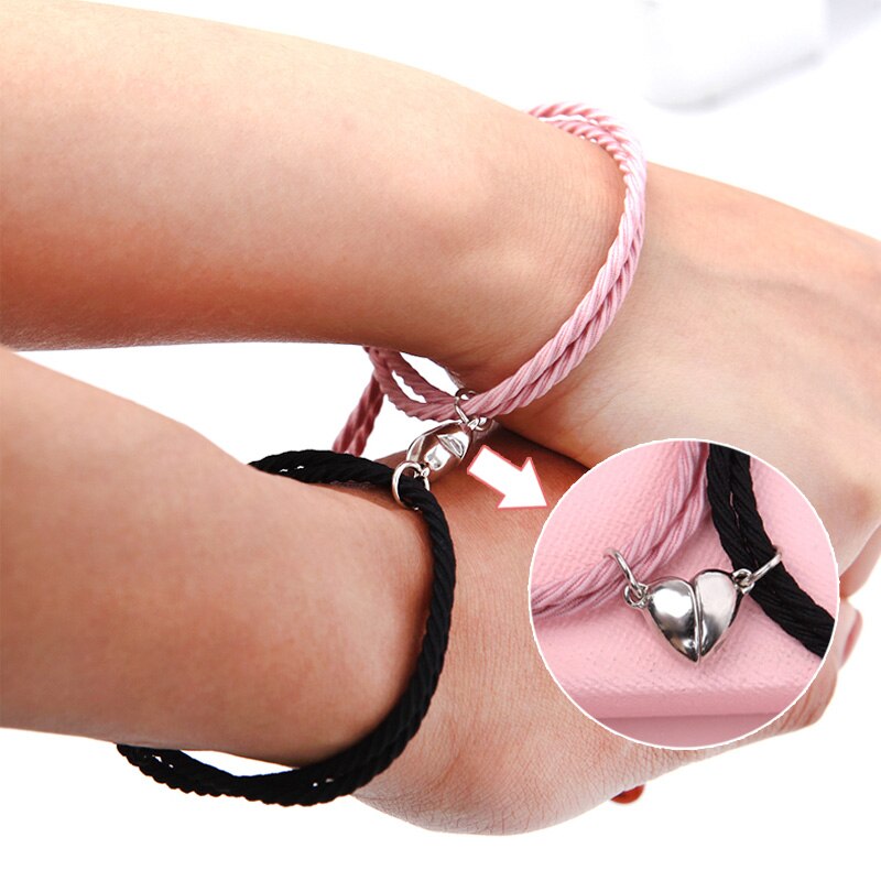 2Pcs Couple Minimalist Heart Lovers Matching Friendship Bracelet Rope Braided Magnetic Distance Bracelet Kit Lover Jewelry