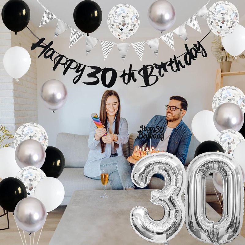 50 decoraciones de de cumpleaños para mujeres y hombres, pancarta de feliz 30, 40 y 60 cumpleaños, globos, suministros para decoración de tartas, color negro, plateado y blanco