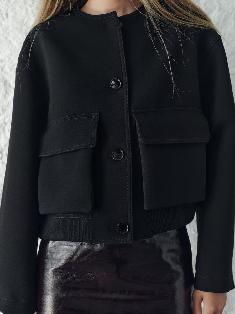 2024 autunno e inverno nuova moda donna semplice nero allentato girocollo tasca giacca corta cappotto
