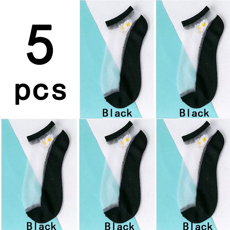 Calcetines de malla ultrafinos para mujer, medias transparentes de seda y fibra de vidrio, tobilleras, margaritas y flores, Sexy, 5 par/lote: Style 6