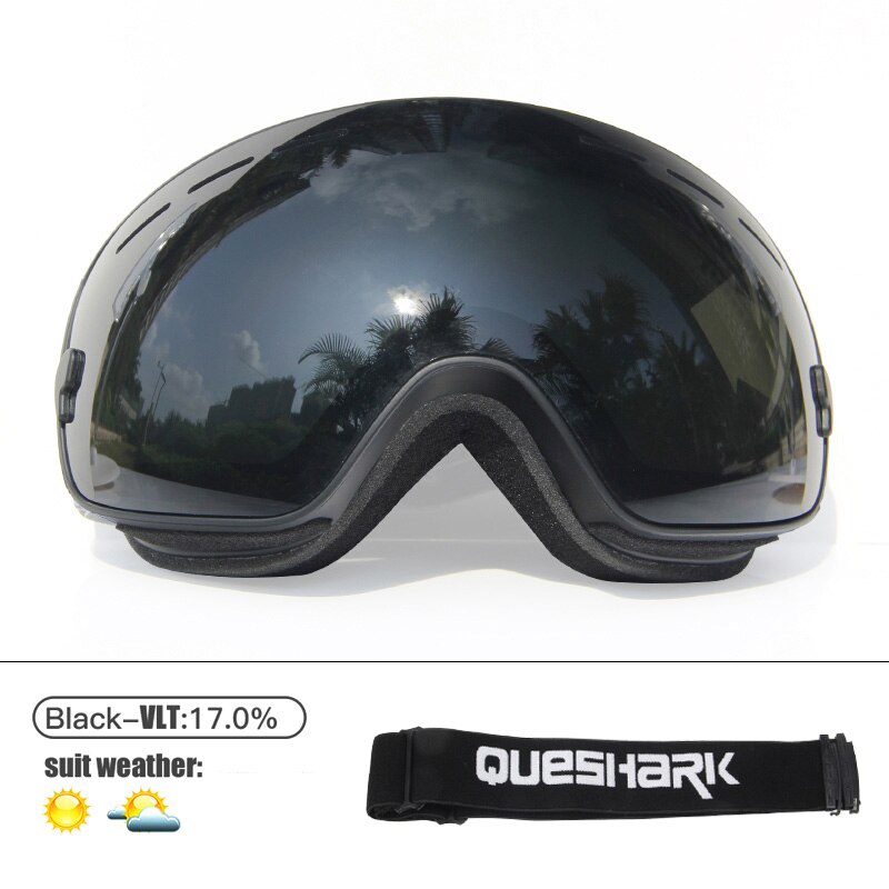 Queshark Mannen Vrouwen Skibrillen Dubbele Lagen UV400 Anti-Fog Grote Ski Masker Skiën Bril Sneeuw Snowboard Goggles Eyewear met Zak: Black