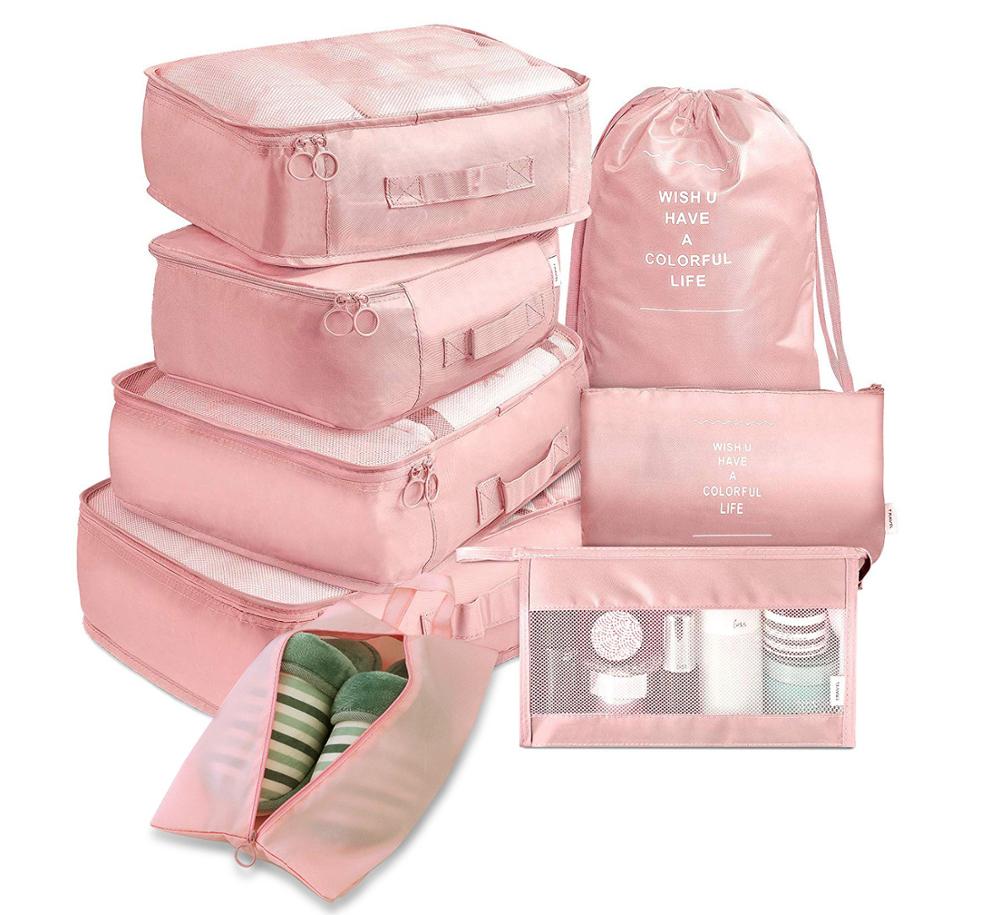 8 stk / sæt rejsetøj klassificering opbevaringspose til emballering af terningsko undertøj toiletartikler arrangørpose rejsetilbehør: Lyserød