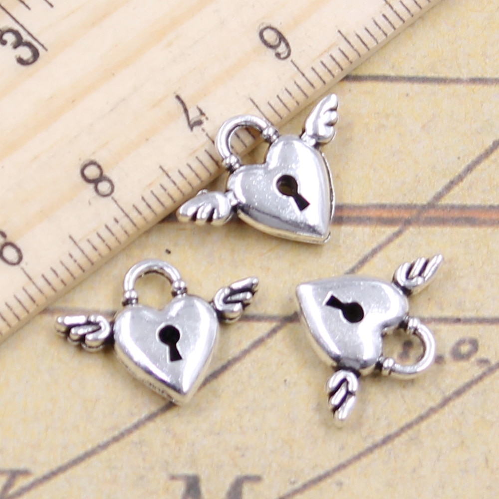 20Pcs Charms Fly Hart Lock 13X17Mm Tibetaans Zilveren Kleur Hangers Antieke Sieraden Maken Diy Handgemaakte Craft