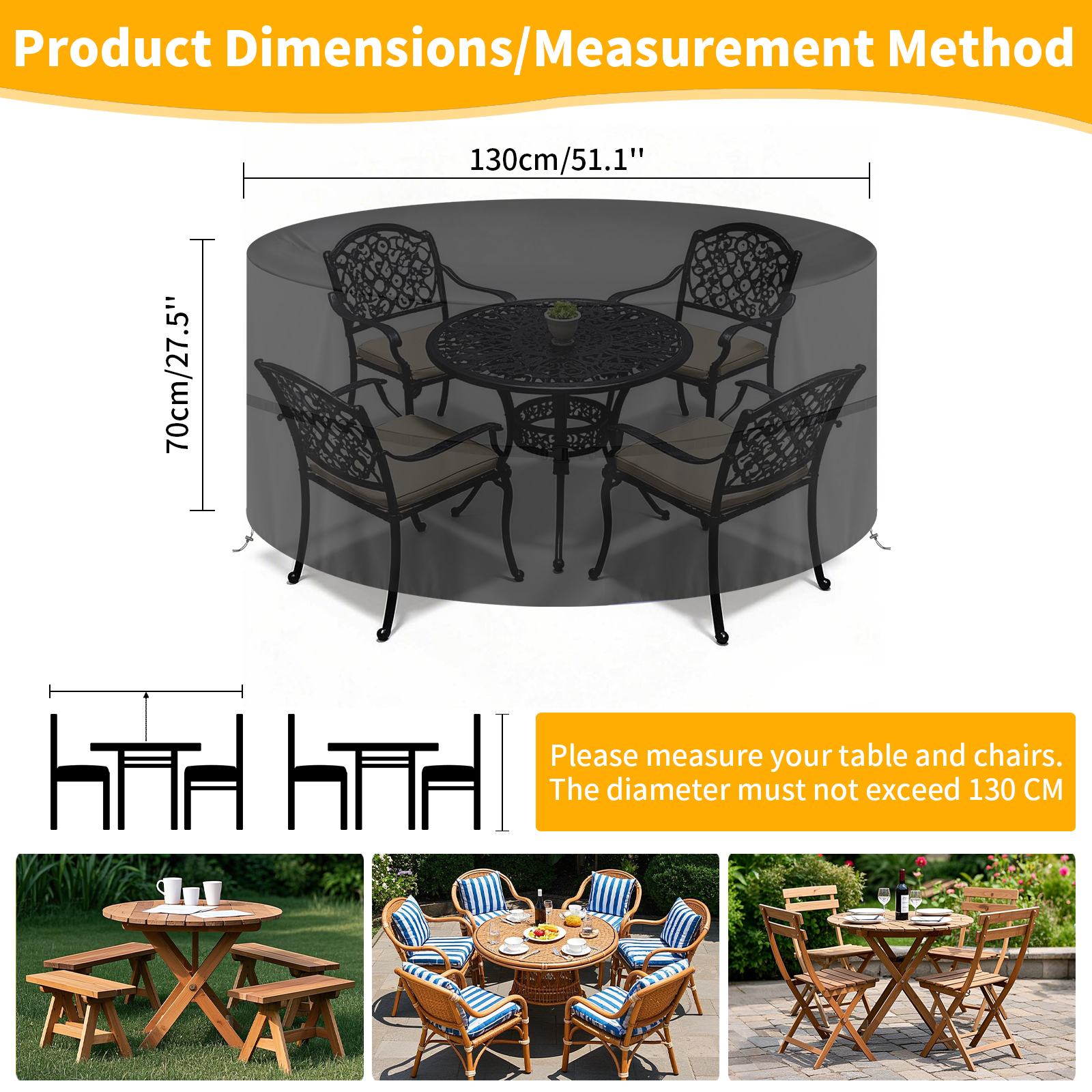 130-230cm couverture de meubles ronde extérieure 210D imperméable résistant aux intempéries Anti-UV résistant aux déchirures Oxford tissu Table chaises couvre: Gris foncé