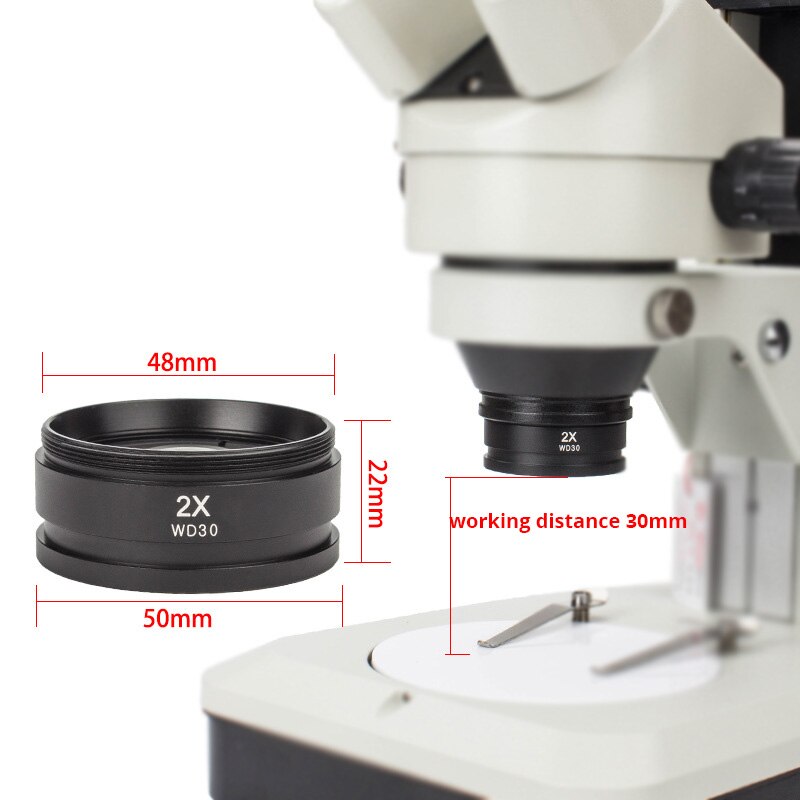 2X Auxiliary Lens WD30 Barlow Objective Lens M48*0.75 for Stereo Microscope Optical Glass Monocular Industry Microscope
