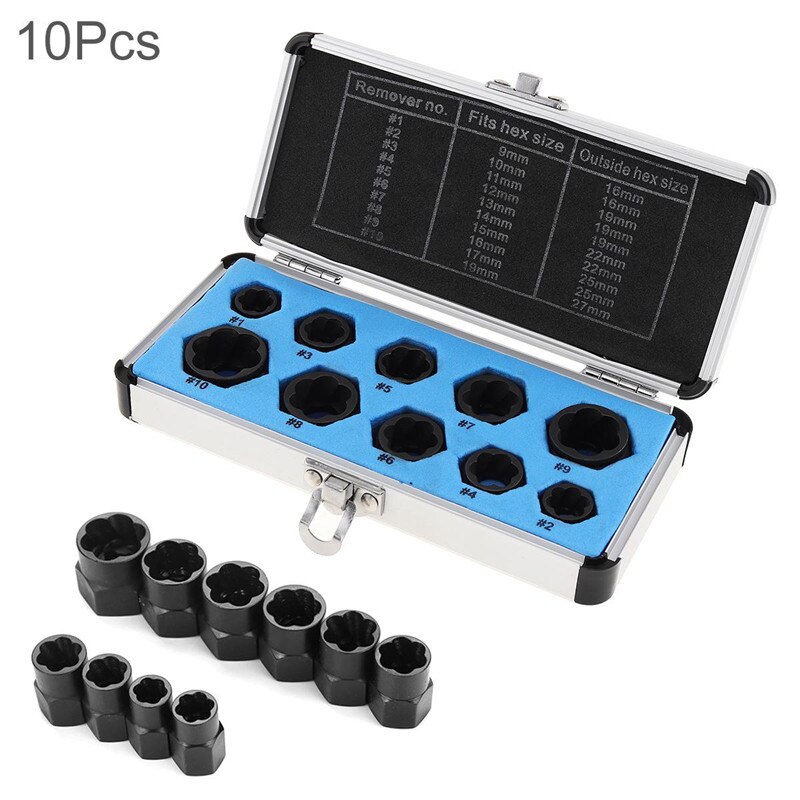 10pcs 9-19mm Bolt Removal Kit Low Cased Damaged Bolts Nuts Screws Remover Extractor Removal Tools Set Threading Tool Kit Broken