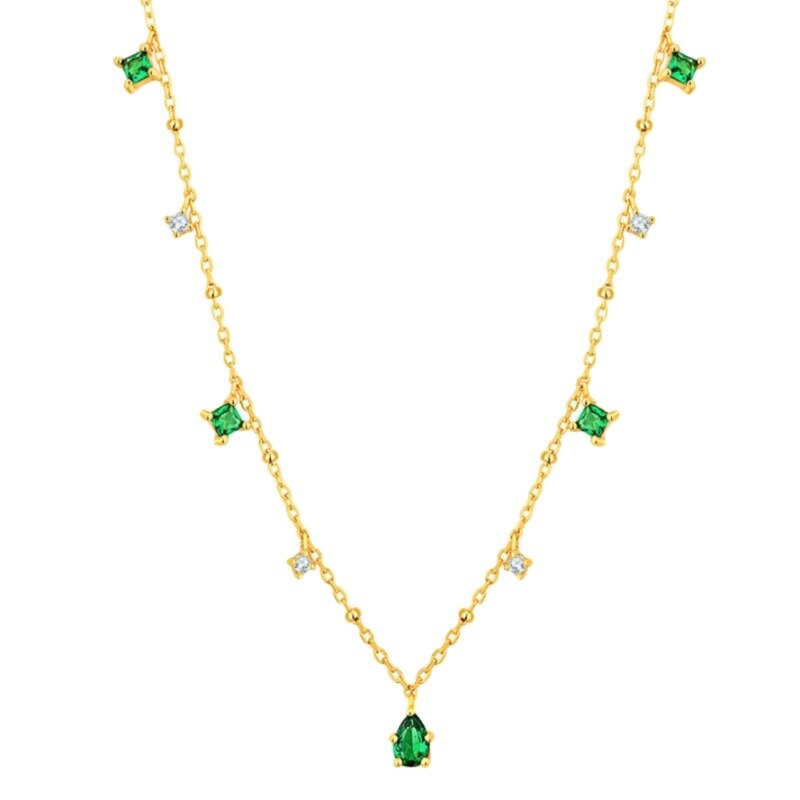 925 Sterling Silver Choker Necklace for Women Exquisite Green Zircon Clavicle Chain Necklace S-N742: Gold Color