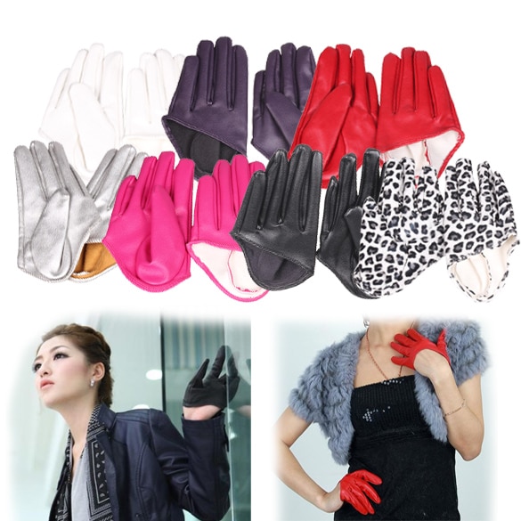 Woman Tight Half Palm Gloves Imitation Leather Five Finger Mittens Vivid Color