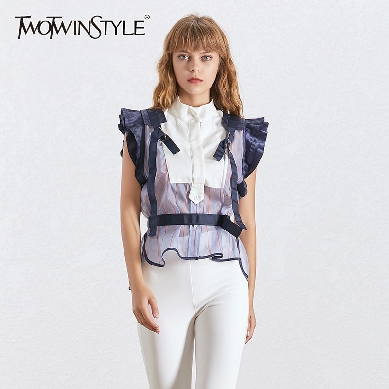 Twotwinstyle raidallinen hihaton naisten pusero seisontakaulus olkapäältä side tunika paita naisten vaatteet kesä