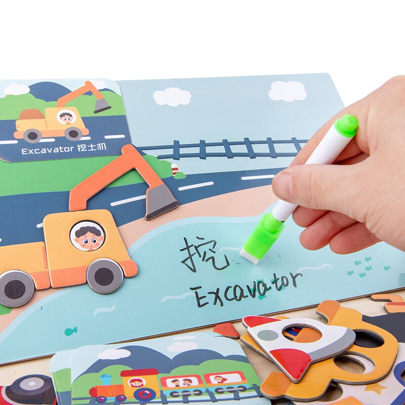 Kids Houten Speelgoed Cartoon Verkeer Magnetische Puzzel Tekening Speelgoed Board Puzzel Baby Vroege Educatief Speelgoed Voor Kinderen