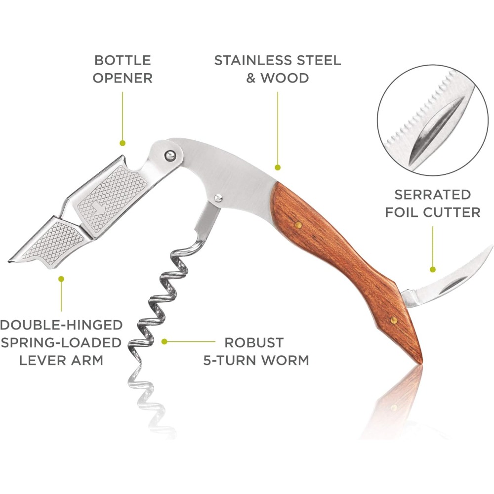 Sacacorchos de camarero Sommelier, abridor de vino de doble palanca con resorte, accesorio de barman de camarero, acero inoxidable y madera, 1 ud.