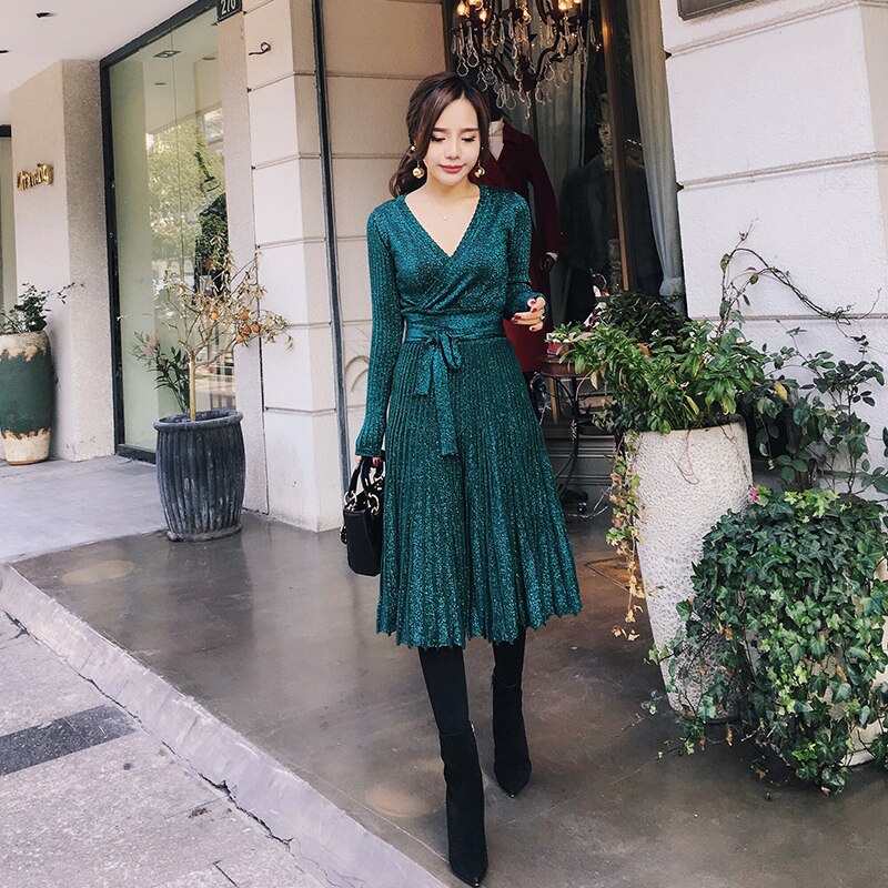 Spring Pleated Large Hem V Collar High Waist Lace Up Shiner Lurex Knitted Elastic Dress Women Vintage Clothing C-006