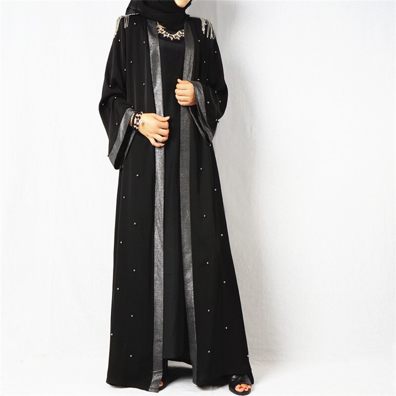 Lyxig klockärm axelkudde öppning svart modell abaya i dubai kimono med pärlpärlor snabbt
