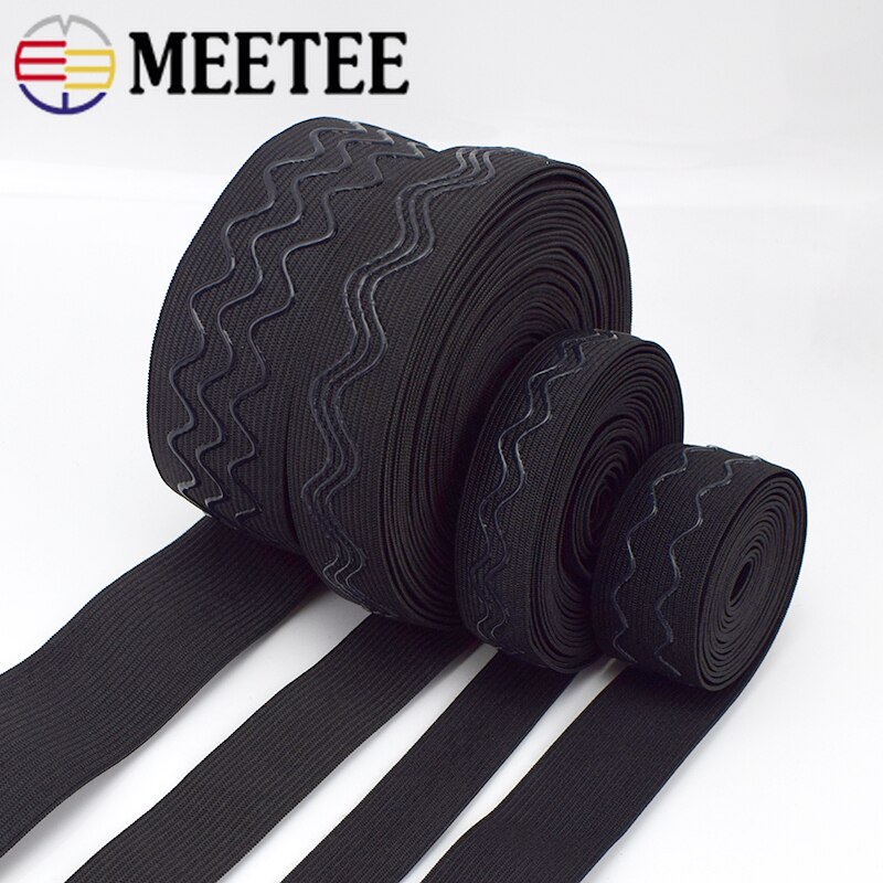 Meetee 2/5/10Meters Elastic Band 20-40mm Black Webbing For Belt Garment Wave Silicone Ribbon DIY Clothes Sewing Accessories