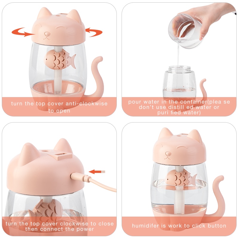 3 in 1 350ML USB Cat Air Humidifier Ultrasonic Cool-Mist Adorable Mini Humidifier With LED Light Mini USB Fan for Home office