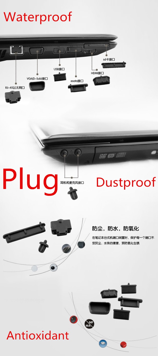 High Black Silicone USB VGA RJ45 HDMI 3.5mm Audio Mini Displayport Thunderbolt 3/Type-c SD Readcard plug port cover