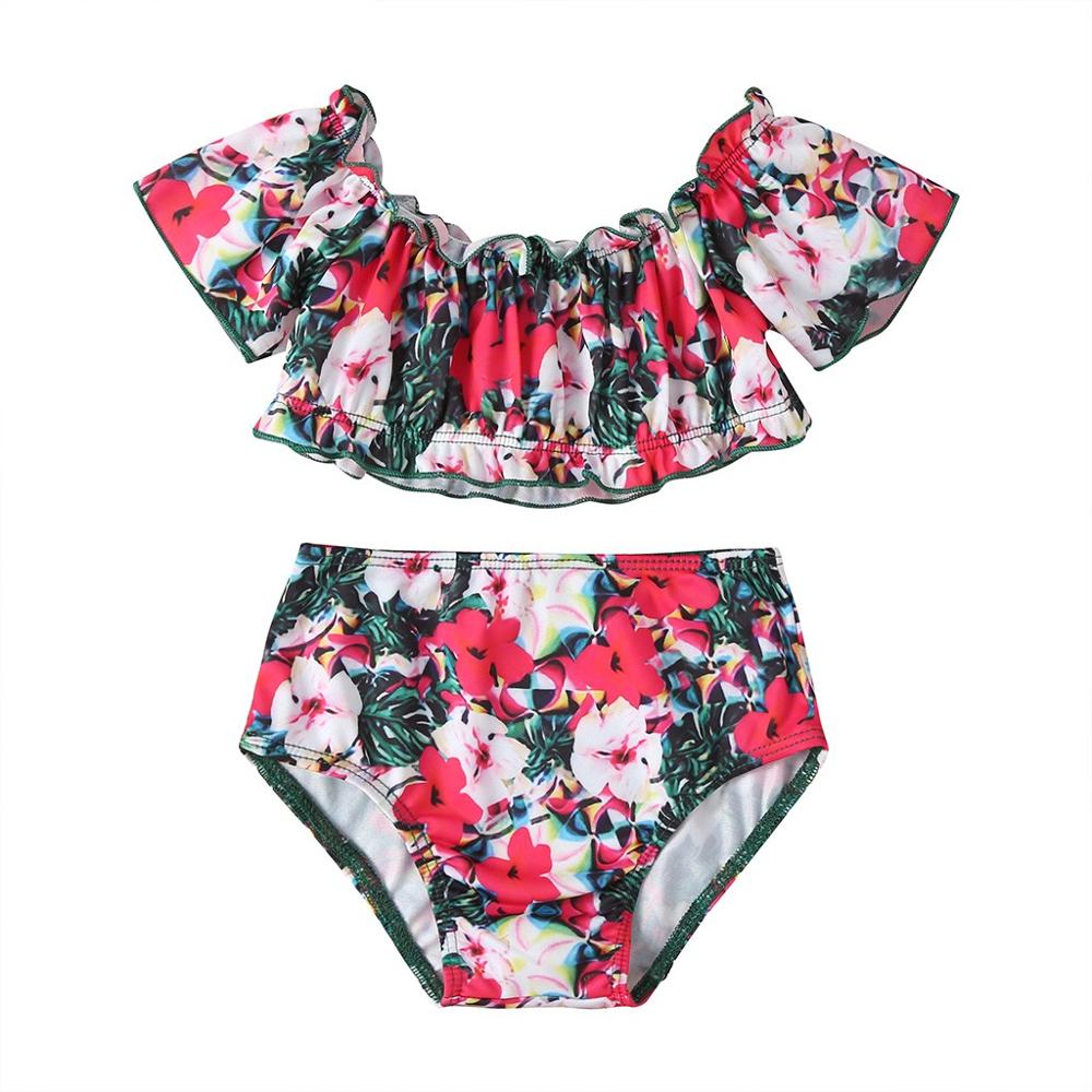 Floral Print Sleeveless Two Piece Swimwear for Girls Summer Beachwear Printing Off Shoulder Ruffle Swimsuit B2: 120