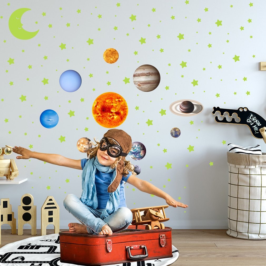 Nine Planets The Solar System Luminous Moon Glowing Wall Stickers Bedroom Background Decorative Wall Sticker 3601+3614