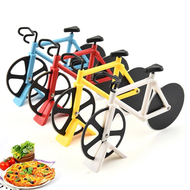 Stainless Steel Kitchen Pizza Tool Bike Pizza Cutter Knives Non-stick Two-wheel Bicycle Shape Pizza Cutting Knife With Holder