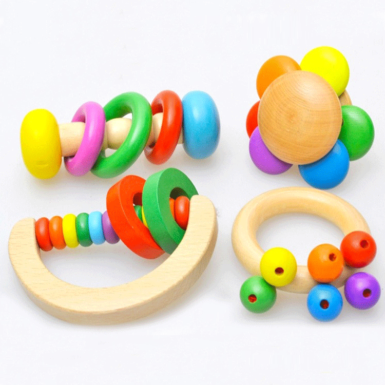 4 verschiedene bunte babyrasseln aus holz, handrasseln für kleinkinder, puzzlespielzeug für babys ab 0-1-2 jahren: 4 stk