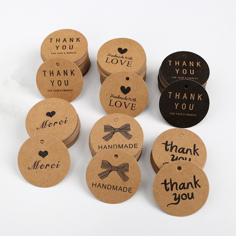 200 Stuks 4Cm Ronde Kaart Kraft Tags Dank U Merci Liefde Print Tag Labels Handgemaakte Product Kledingstuk Schoenen hang Tag Accessoires