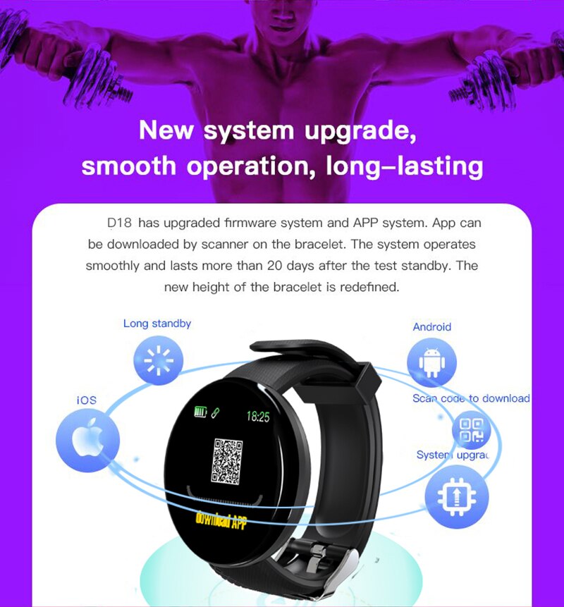 Fitness D18 Smart Watch Bracelet Wristband Wristwatch Waterproof Color Screen Heart Rate Blood Pressure Call Information Step