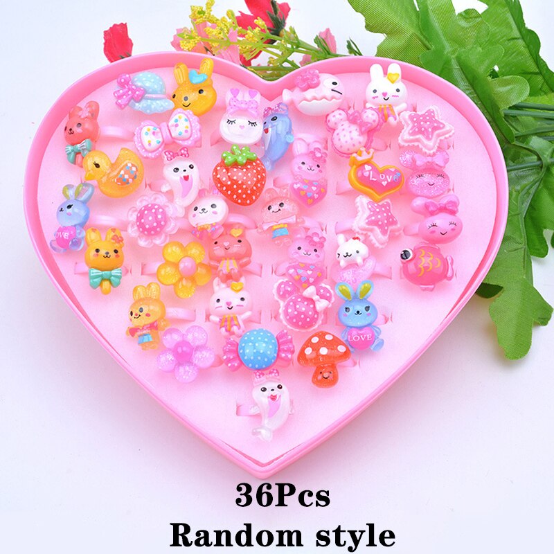 Conjunto de 12/24/36/Uds. De anillos de maquillaje para niña, joyería para niña, juguete con lazo de flor, juego de simulación, anillos para chicas, para niña: 36Pcs