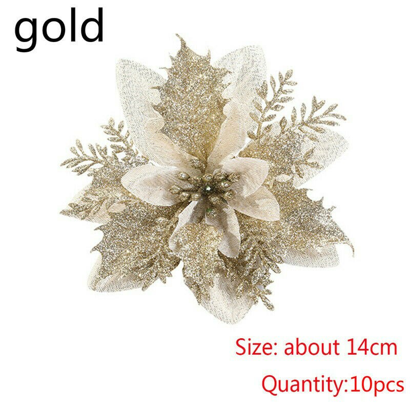 BalleenShiny Christmas Tree Decoration Flower 10pcs Christmas Flower Artificial Flower Perfect Decoration for Christmas Party: Gold